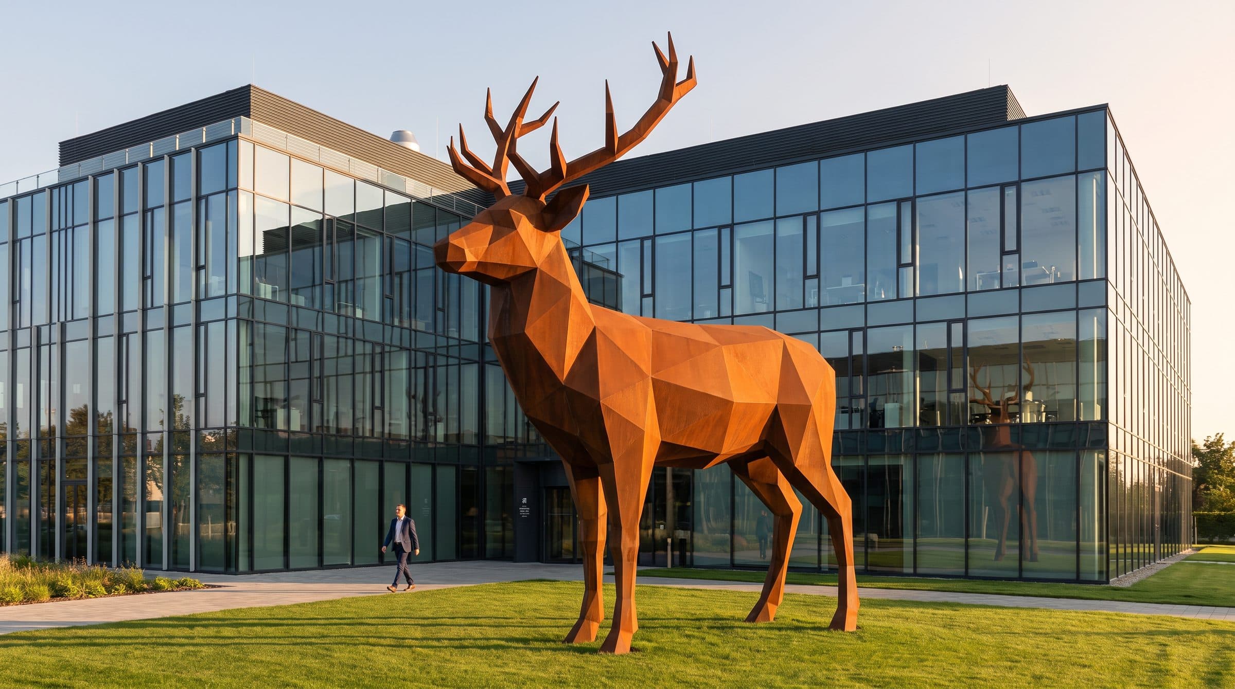 Hirsch-Skulptur aus Corten, deutlich über 2 m, vor einem Firmengebäude, Mensch als Maßstab