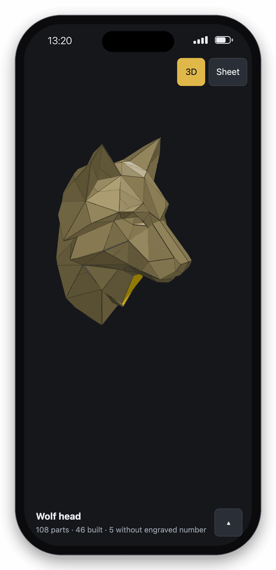 Phone with the assembly app: 3D model of a wolf head, selected part red, neighbouring parts yellow