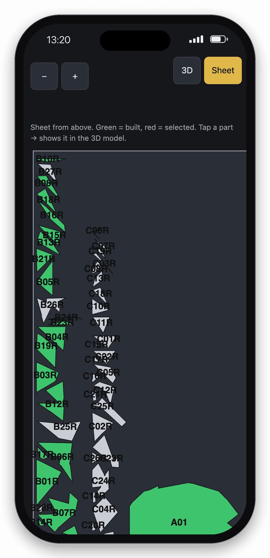 Phone with the assembly app: sheet layout with all parts, built ones green, selected one red